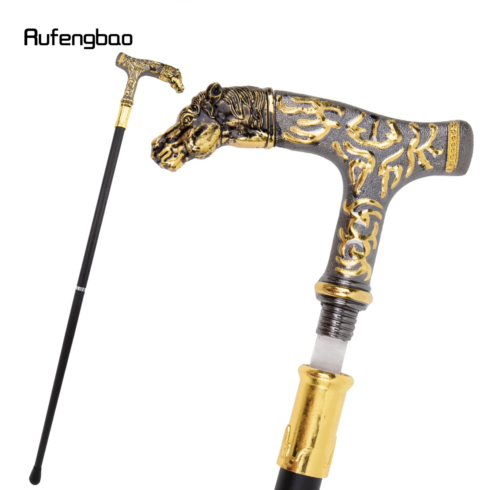 Golden Black Horse Handle Luxury Walking Stick with Hidden Plate Self Defense Fashion Cane Plate Cosplay Crosier Stick 90cm