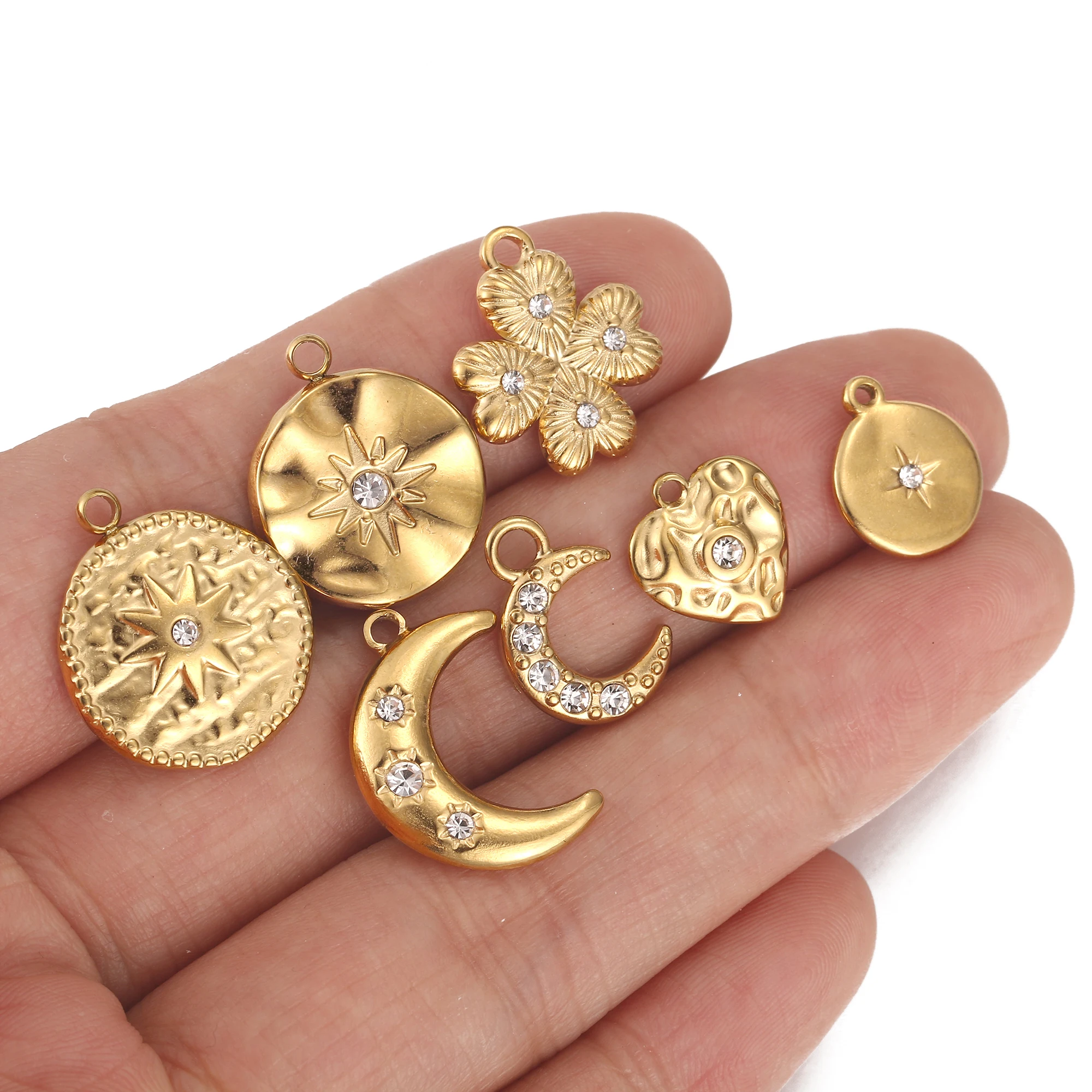 3Pcs Rhinestone Sun/Moon/Star Charm Gold Color Stainless Steel Lucky Clover Pendant DIY Necklace/Earring/Bracelet Jewelry Making