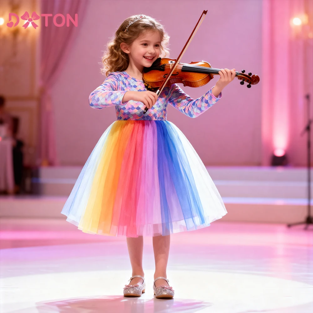 

DXTON Kids Performance Clothing Mermaid Girls Stage Costume Mesh Patchwork Girls Dresses Colorful Tulle Princess Children Dress