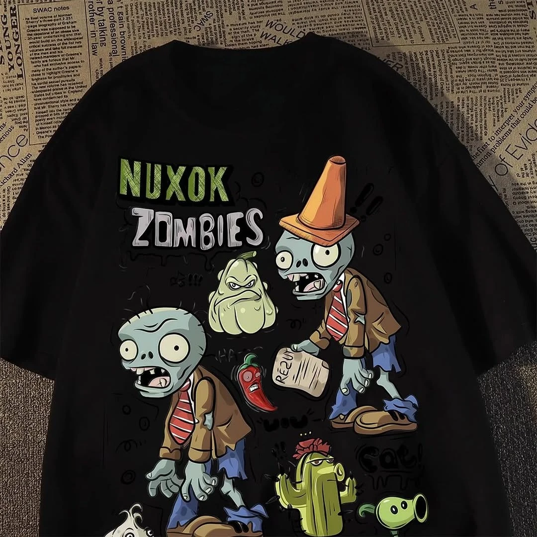 Y2K نباتات شارع العليا مقابل الكسالى نمط الرسوم المتحركة المطبوعة زوجين الجولة الرقبة قصيرة الأكمام الرجعية القوطية الشرير فضفاض تي شيرت