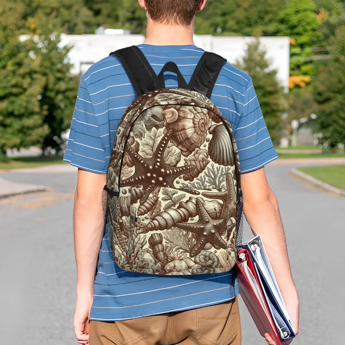 Beachthemed Starfish Shell Pattern Backpack Student BookBag Kids School Bag Laptop Shoulder Bags for Men Women