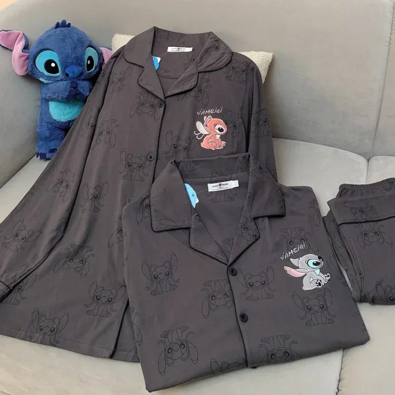 Disney Stitch autumn new casual couple pajamas long sleeves trousers pure cotton men\'s and women\'s classroom cute loungewear set