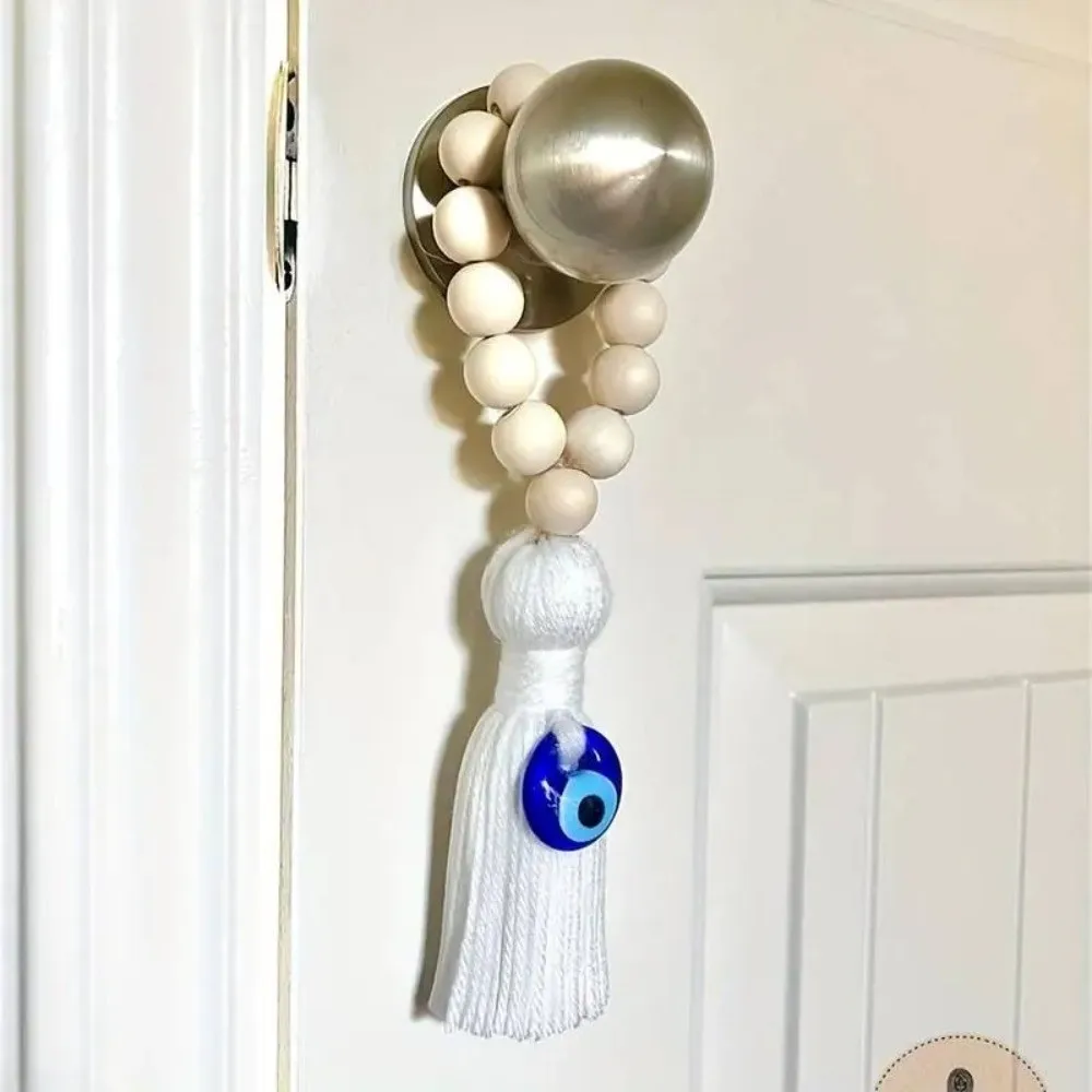 Retro 22cm Wooden Bead Pendant Handmade Bohemian Style Tassel Pendant Blue Eye Design Keychain Pendant