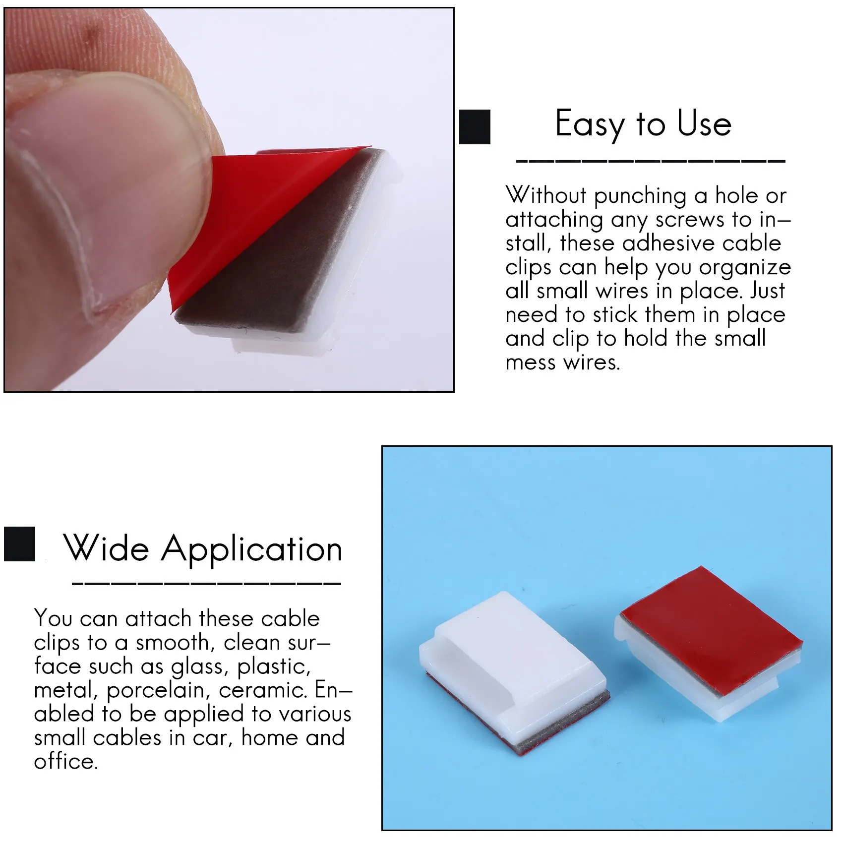 A06K Adhesive Cable Clips, 100Pcs Wire Clips Cable Wire Management Holder Clamps Cable Tie Holder for Car, Office and Home view 6