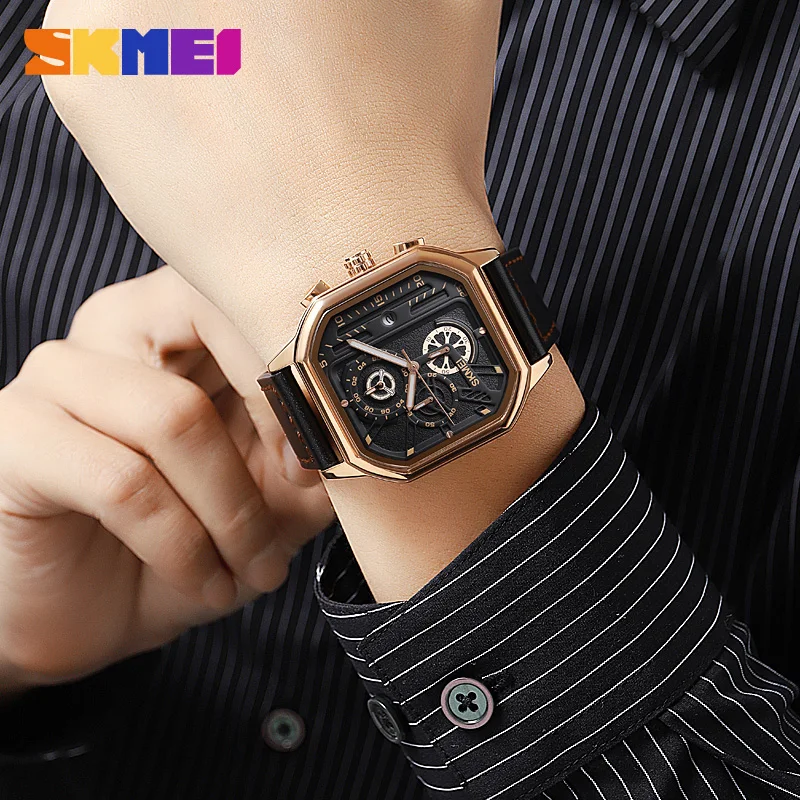 SKMEI Fashion Stopwatch Date Sports Watches Mens Luxury Genuine Leather Strap Quartz Wristwatch Waterproof Clock reloj hombre