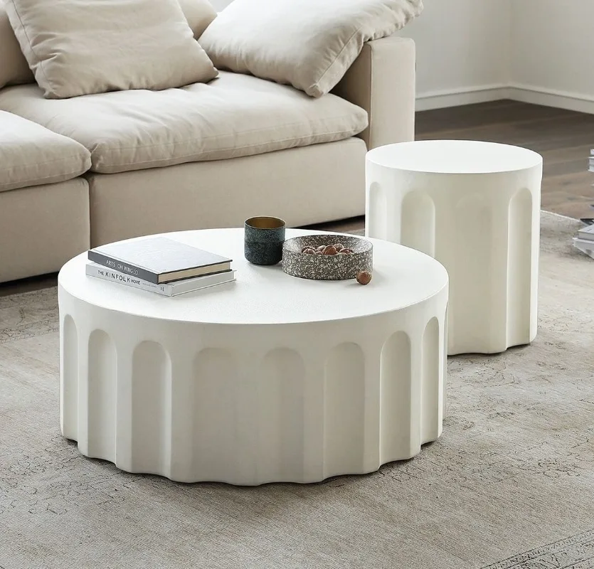 Nordic Cream Style Round Tea Table Solid Wood ins Light Luxury Simple Bedroom Living Room White Mesh Black coffee table