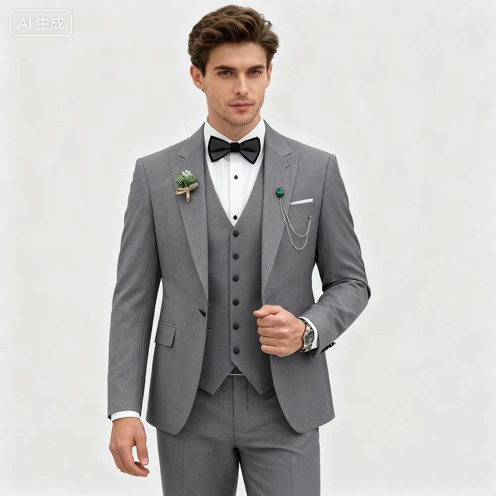 

Elegant Rose Red 3-Piece Men's Suit Slim Fit Double Breasted Blazer Vest And Pants Set for Wedding Groom Tuxedo Business Party