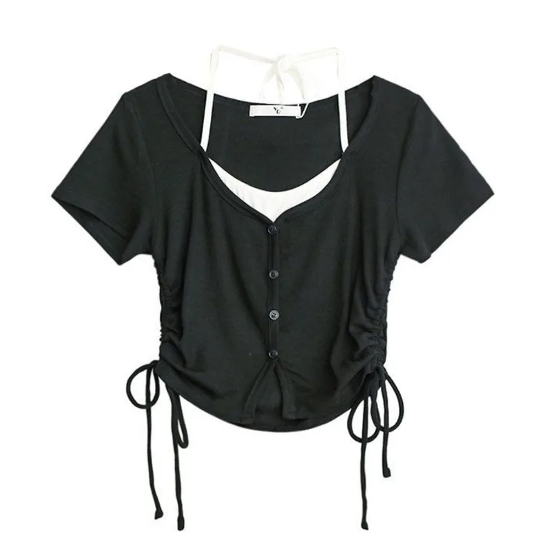 Short Sleeve Top Solid Korean Fashion Sexy T Shirt Women Cropped Y2k Fake 2 Pieces Summer Outfits Halter Cropped Button Up Top