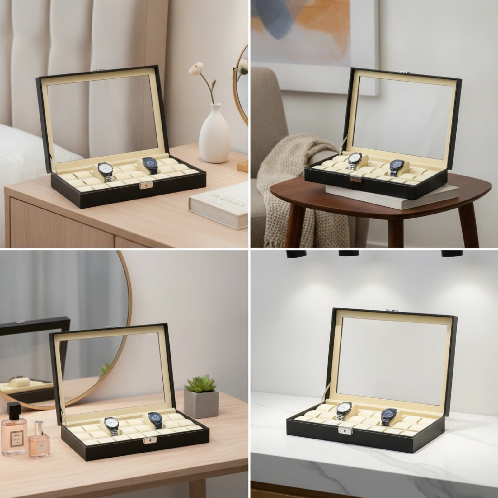 Watch Display Case with Glass Lid Padded Watch Box with Glass Lid Organizer Rectangular Safeguarding for Collectors