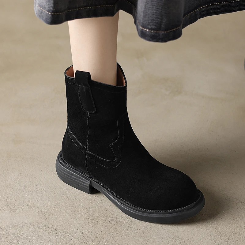 NEW Autumn Women Boots Cow Suede Leather Shoes for Women Round Toe Chunky Heel Short Boots Casual Zipper Platform Chelsea Boots