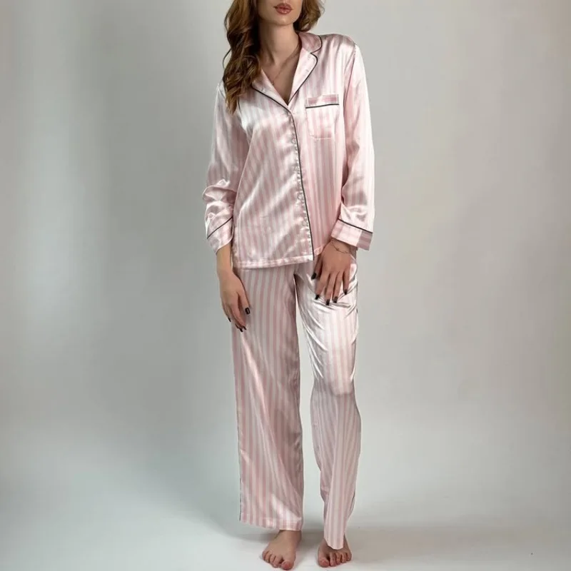 

Women's Satin Cardigan Long Sleeved Trousers Pajama matching Set Russian Stripe Print Casual Loungewear Stripe Casual Pink Soft