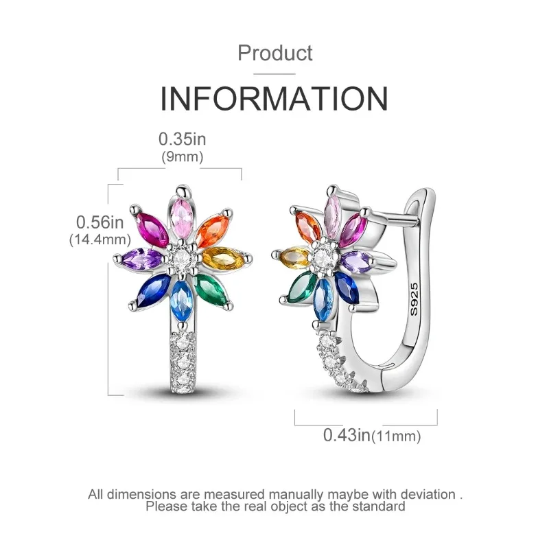 Pendientes de Plata de Ley 925 con Hebilla para Oreja – Forma de Flor de Arcoisiris، Aros Versátiles para Mujer