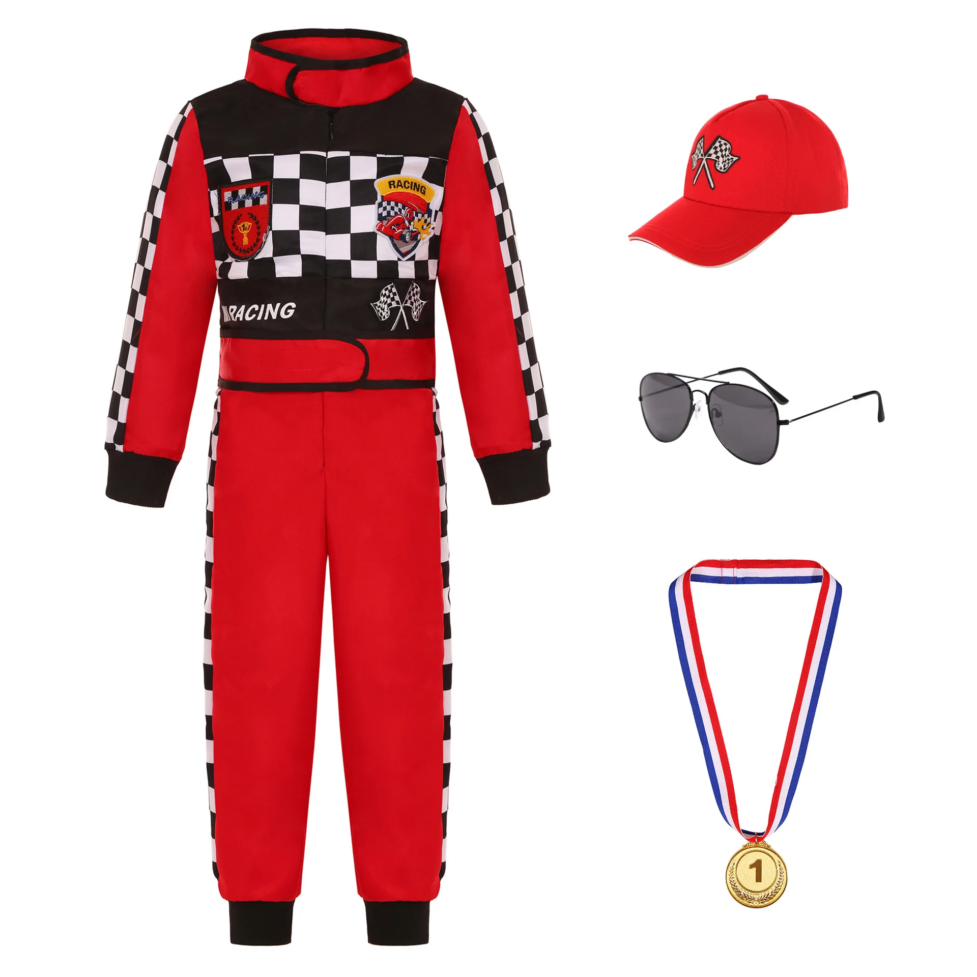 Kids Racer Costume Deluxe Set Halloween Cosplay Checkered Racing Jumpsuit Boys Outfits Carnival Birthday Party Children Clothing