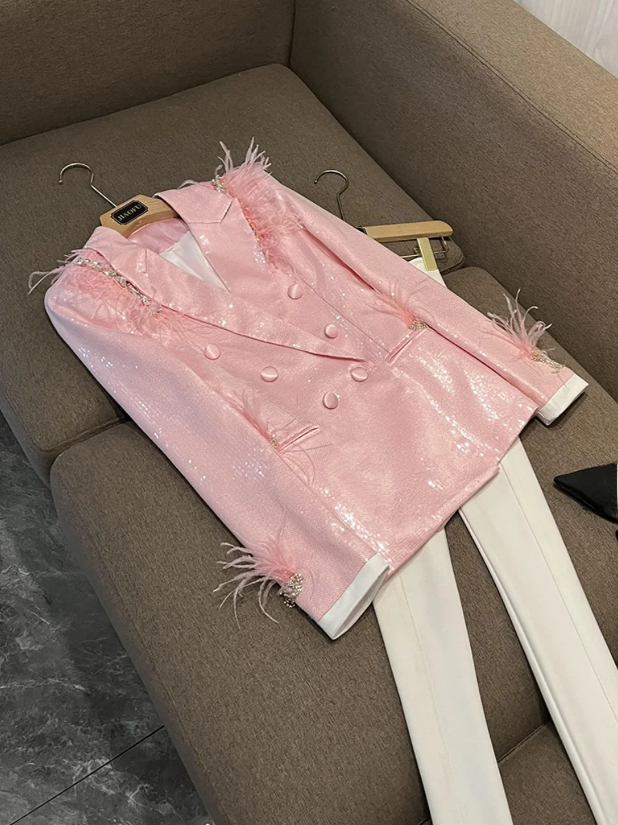 

Розовый костюм с пайетками Jaet, женская одежда для бара, сценического выступления, облегающий костюм, длинный свек средней длины, чистый цвет