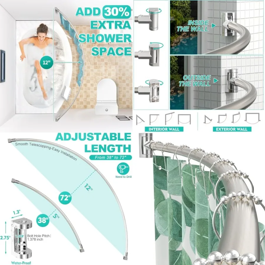 

Curved Shower Curtain Rod For Bathroom 38-72 Inch, Adjustable Length, Curved Shower Rod, 0.9MM thickness, Round Shower Curtain