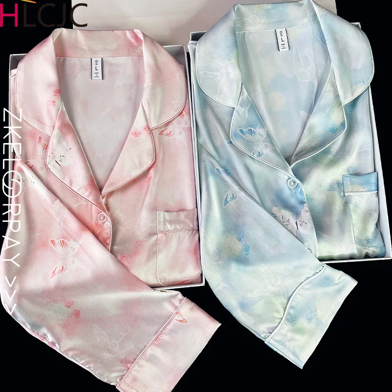 Women\'s Pajamas Set Spring Autumn 2 Piece Print Pyjama Femme Faux Silk Satin Sleepwear Long Sleeve Button Pijama Mujer Homewear