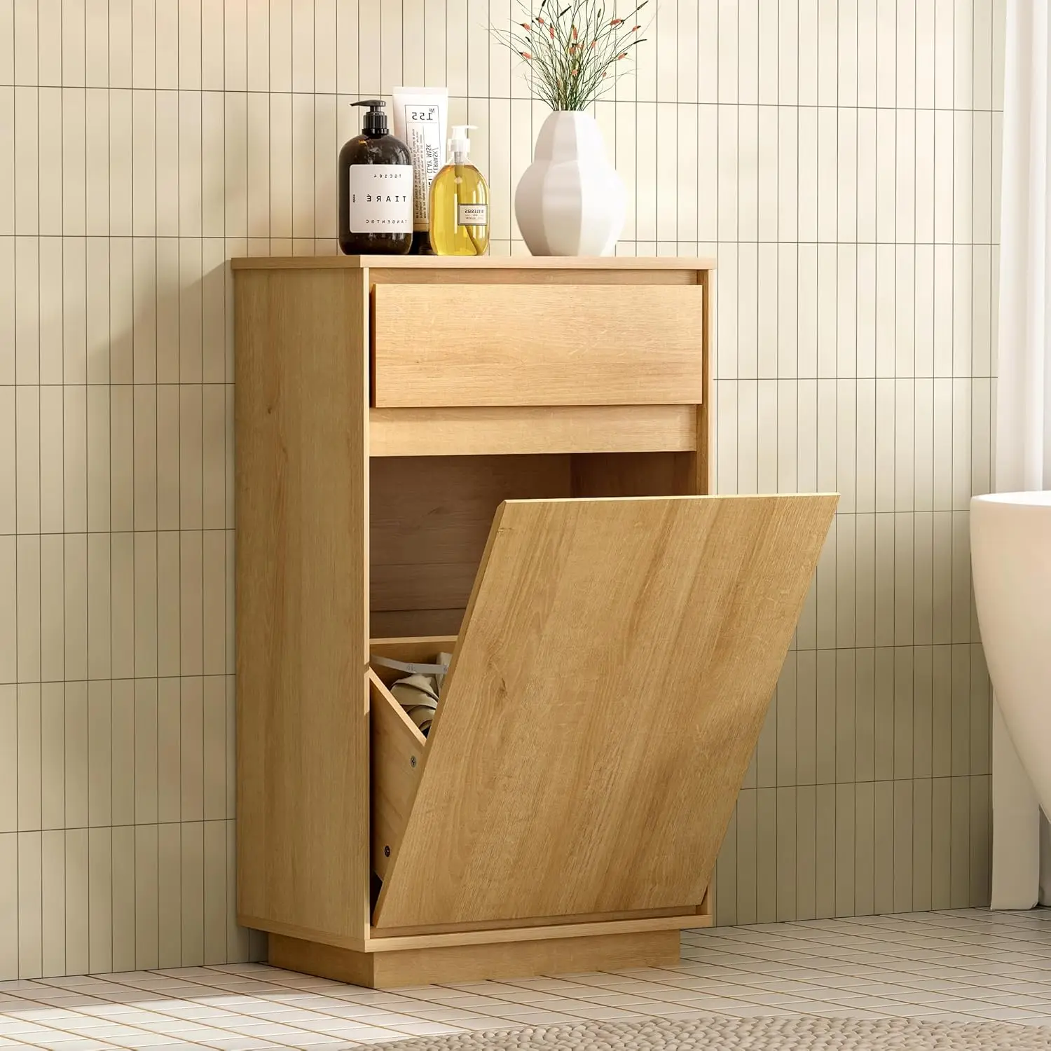 

Tilt-Out Trash Cabinet, 10 Gallon Modern Wooden Trash Can with Drawer and Simple Handleless Design, Free Standing Can Holder