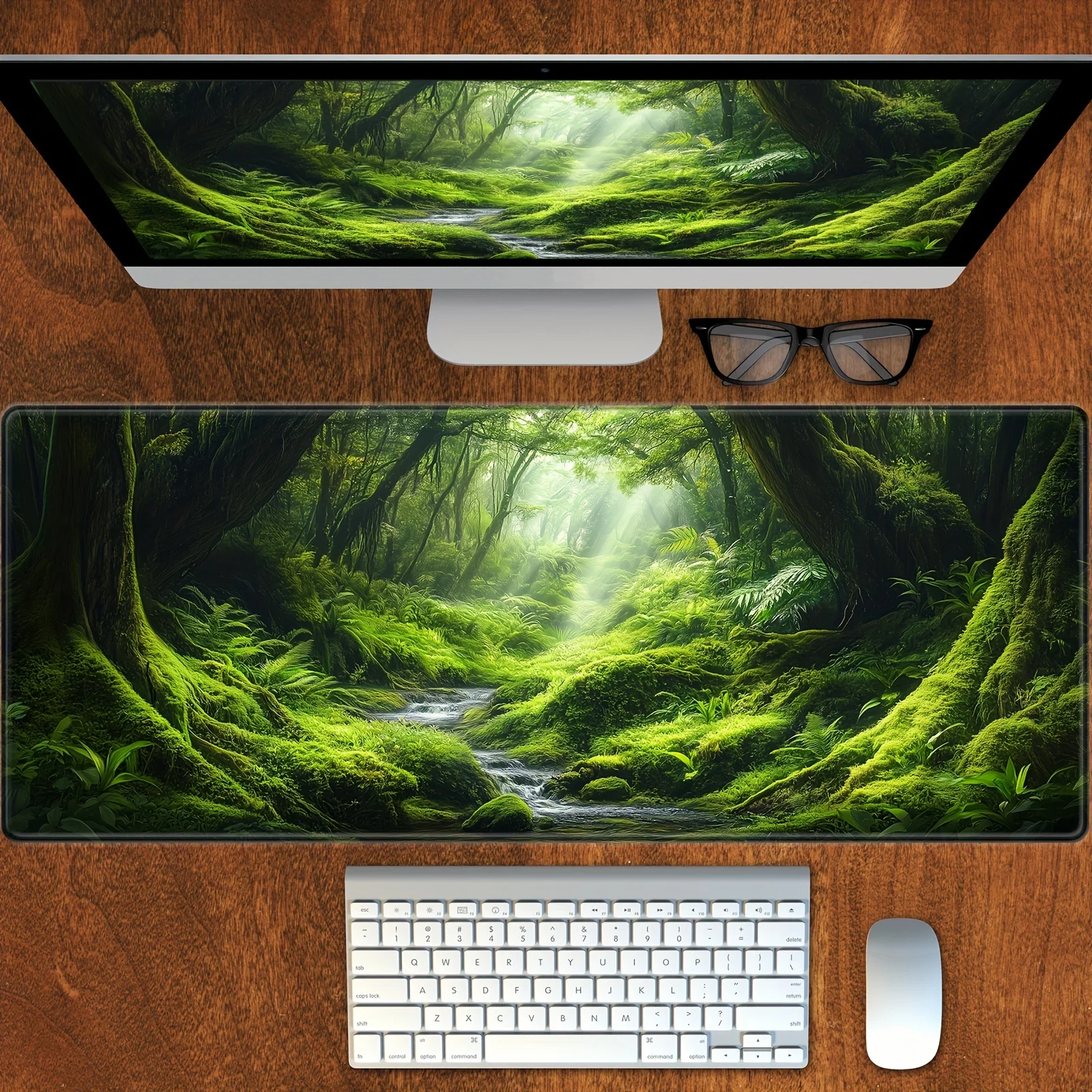 

BHJLAXR Green Forest Desk Mat, 89.92cm x 39.88cm Large Gaming Mouse Pad, Non-Slip Rubber Base, Washable, Stitched Edge