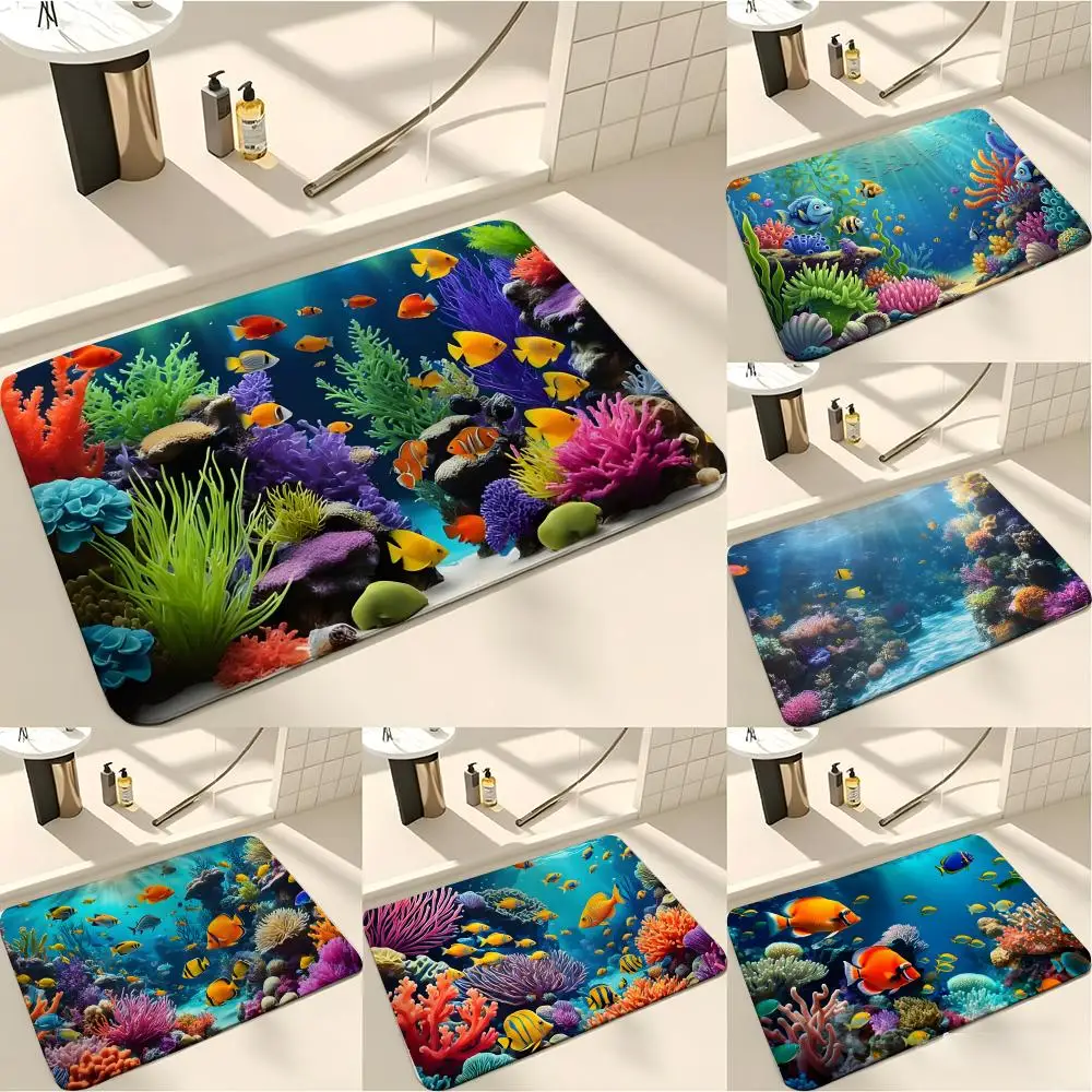 Fashion C-Coral Fish Bodenmatte, saugfähige Bodenmatte, rutschfester Eingangsteppich für Badezimmer, Waschräume und Toiletten