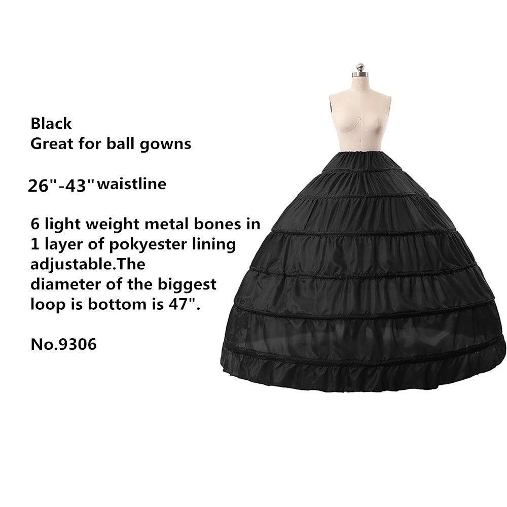 สีดำ/สีแดง/สีขาว 6 Hoop Crinoline Underskirt สำหรับ Ball Gown VINTAGE ยาวกระโปรง Petticoats Slips สำหรับงานแต่งงานชุด