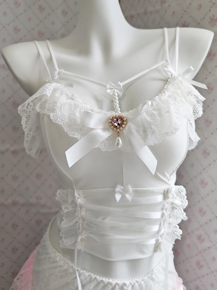 

White Crop Top Women Summer Cropped Bows Pendant Decoration Lace Trim Cross Strap Cute Tops for Sweet Girls Kawaii Clothes