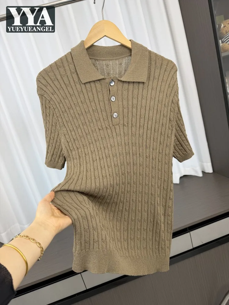 Sommer Herren Business Locker Sitzende Bequeme Strickoberteile mit Umlegekragen Atmungsaktives Kurzarm-T-Shirt Strickware Lässiger Pullover