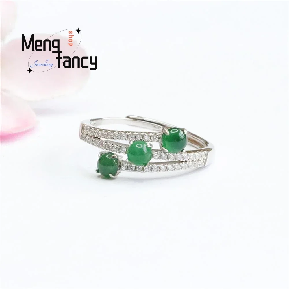 

S925 Silver Lnlaid Natural Jadeite Ice Green Three Lives Ring Exquisite Elegant Simple High-grade Couple Luxury Quality Jewelry