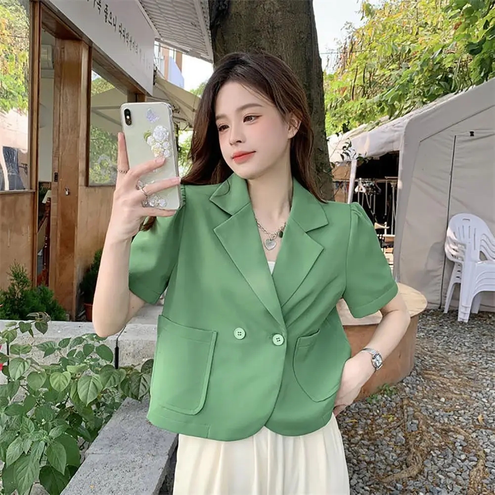 

2025 Summer Women Short Blazer Coat Single Breasted Pockets Summer Blazer Short Sleeve Thin Cropped Suit Coat Outerwear