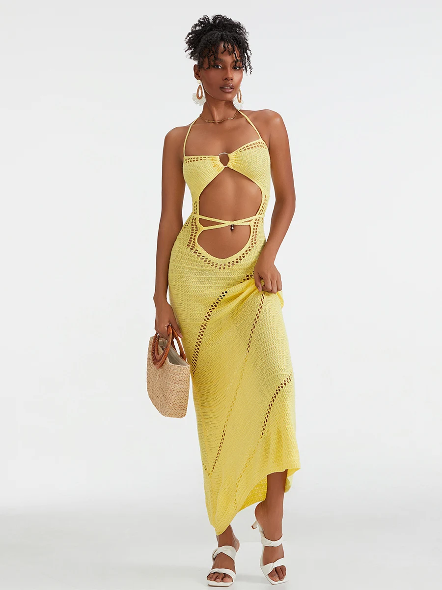 Elegant Sleeveless Knit Maxi Dress with Halter Neckline Front Cutout and Back Tie-Up Detail for a  Fit