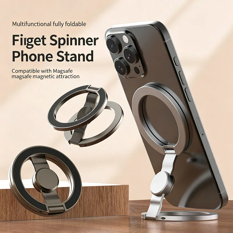 

Magnetic Fidget Spinner Phone Ring Holder, Dual-Sided Magnet for MagSafe, 360° Rotation Grip Stand, Stress Relief Foldable