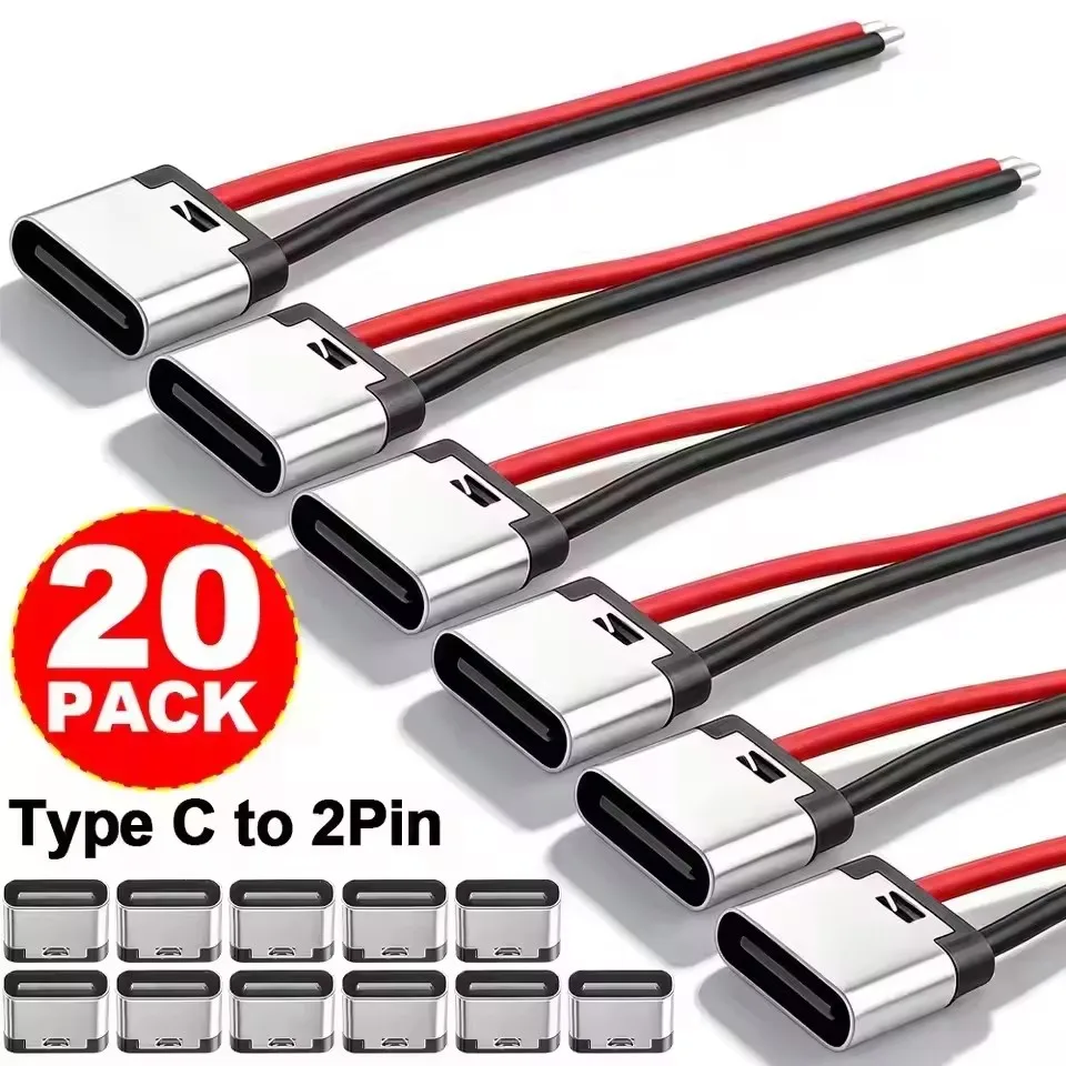 5-20PCS Type-C 2Pin Solder Wire Waterproof USB C Pigtail Cable Extension Power Cord Plug-in Board Quick Charging USB-C Connector