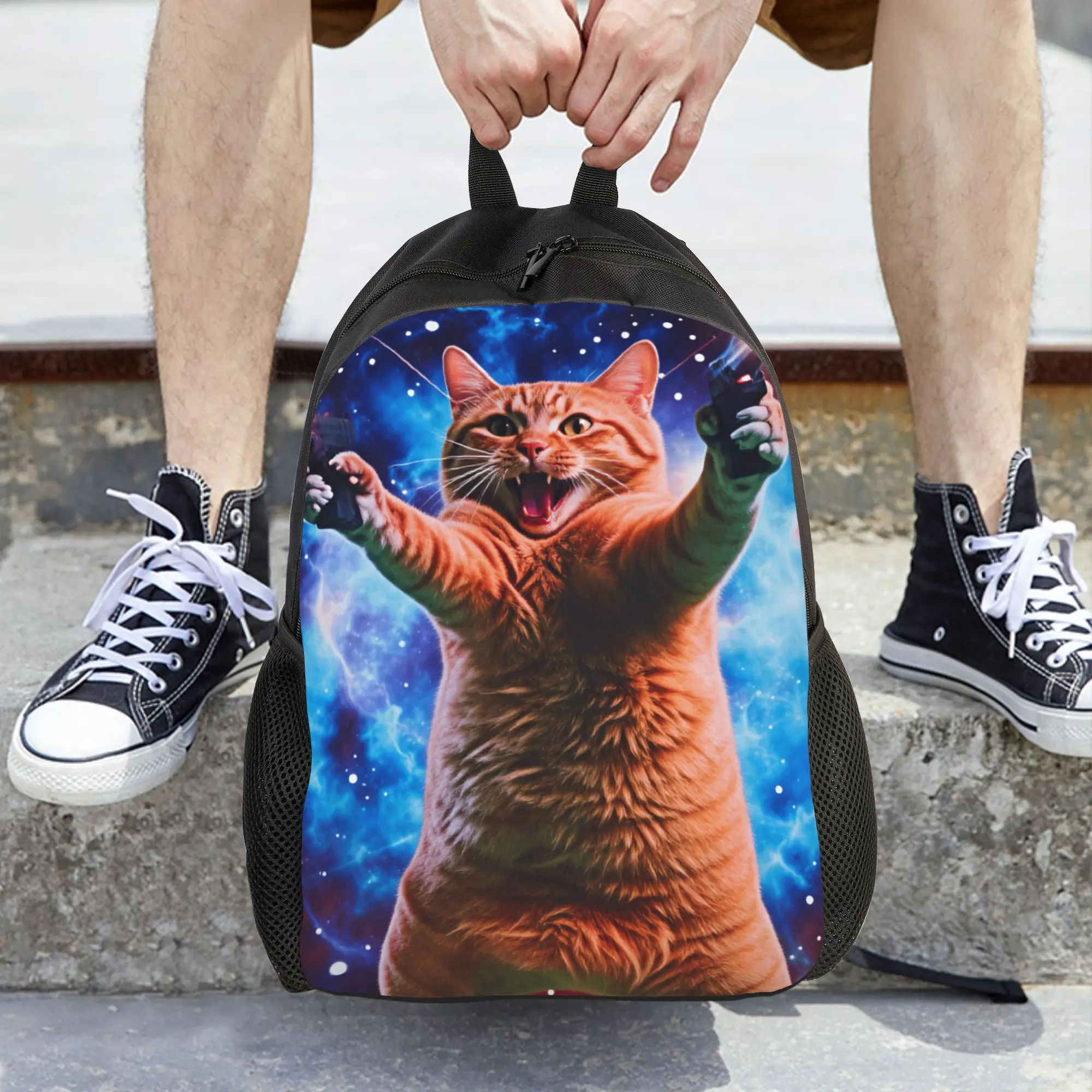 Orange Cat  Shooting In Vibrant Cosmic Nebula Space Backpack  Outdoor Backpacks Youth Designer Big School Bags Cool Rucksack