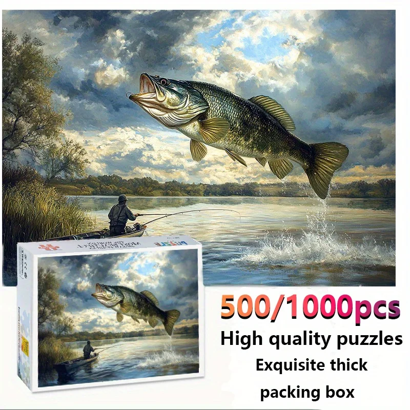 500/1000pcs Large Bass Fish Jumping Puzzle Box - High-Quality, Exquisite Thick Packaging, Perfect for Adults, Ideal for Easter