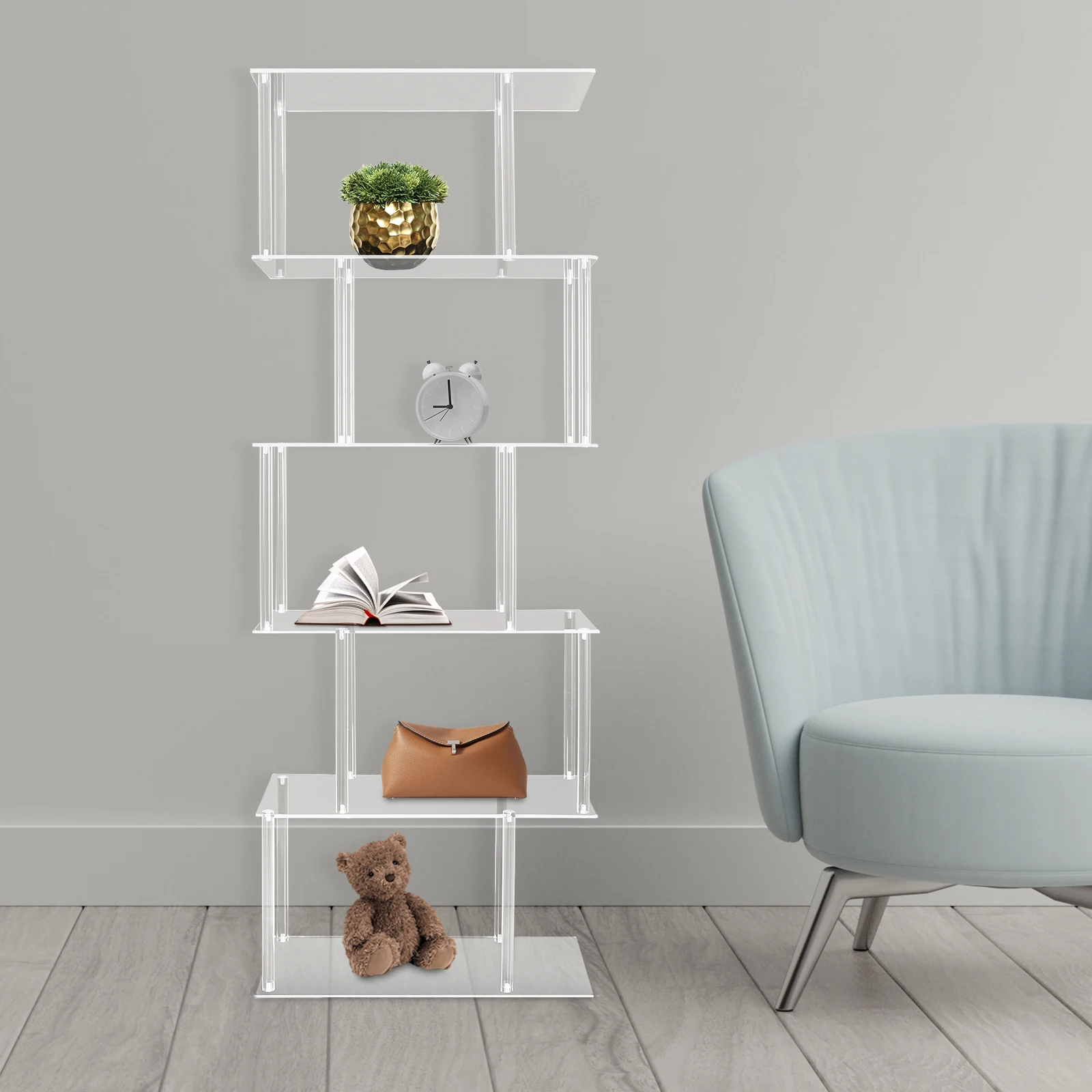 

6-tier Acrylic Geometric Bookshelf S-shaped Clear Modern Bookcase Suitable for Living Room Bedroom Office 5x25x155cm