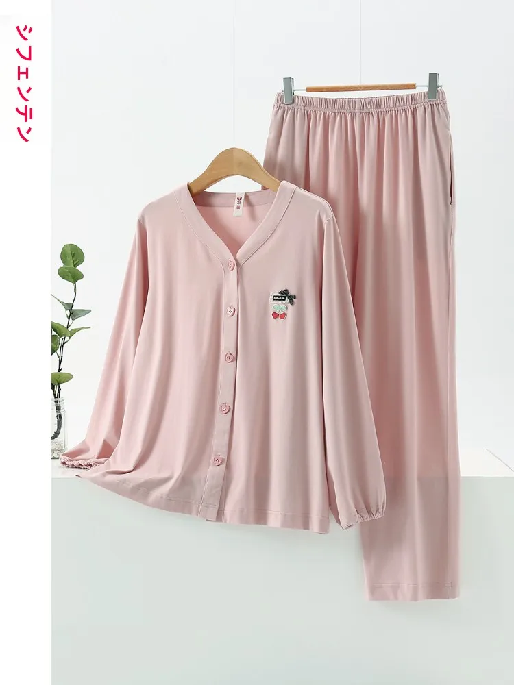 fenteng-women's-pure-cotton-spwear-v-ne-long-sve-long-pants-home-clothes-set-spring-autumn-sle-breathable-comfortable