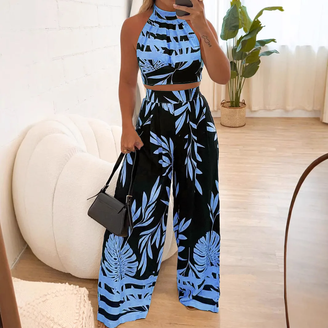 Women Sleeveless Low Cut V-Neck Printed Dress High Slit Sexy Dresses Trendy Half Skirt Women's Set Light Elegant Summer Set