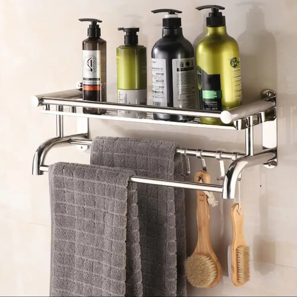 Wall Mounted Bath Towel Rail Bathroom Shelf Holder with Hooks