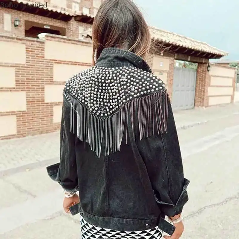 TEELYNN Boho Black Denim jacket For Women Coats Long Sleeve Autumn Loose fringe Jean Jackets 2021 Beaded rivets Casual Outwear