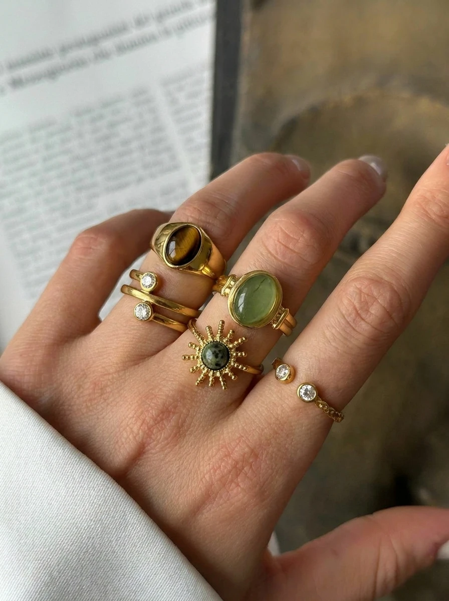 French Vintage Tiger Eye Gemstone Zircon Ring for Women Elegant Statement Stackable Ring Coffee Date Jewelry Gifts