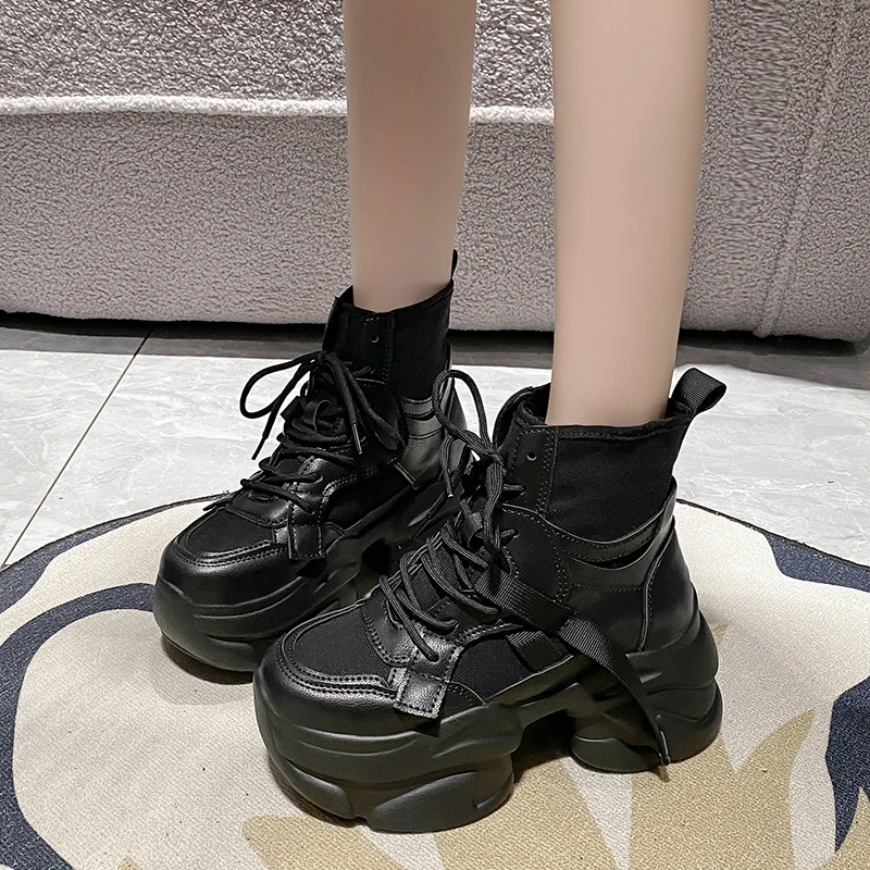 Women Autumn Canvas Leather Ankle Boots 7.5CM Chunky Heels Motorcycle Woman Sneakers Thick Bottom Platform Combat Short Booties