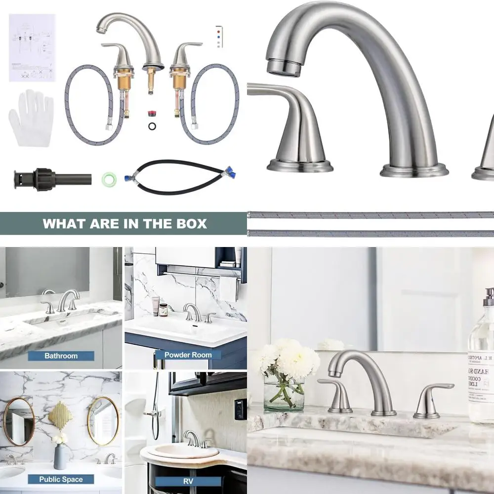 

3-Hole Brushed Nickel Widespread Sink Faucet, Stainless Steel Lead-Free Hose, Pop-Up Drain with Overflow for RV Bathrooms