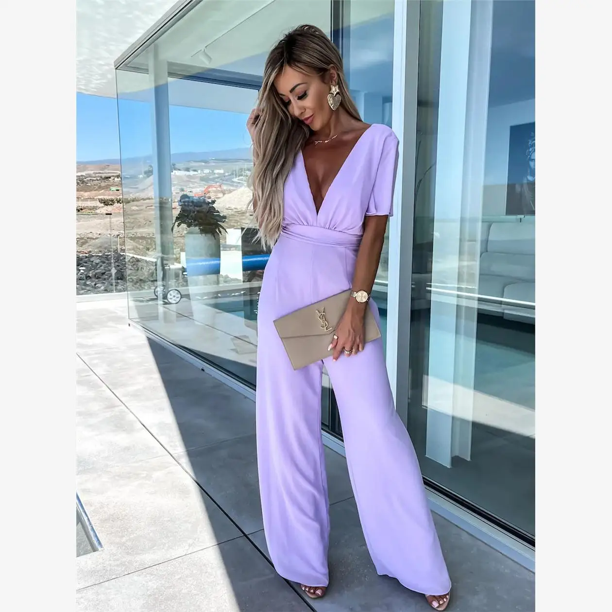 V-Ne Casual ort Sve Wide Leg Jumpsuit Street Sle High Waist Long Pants Polyester Fabric Summer 2023 Regular Thin