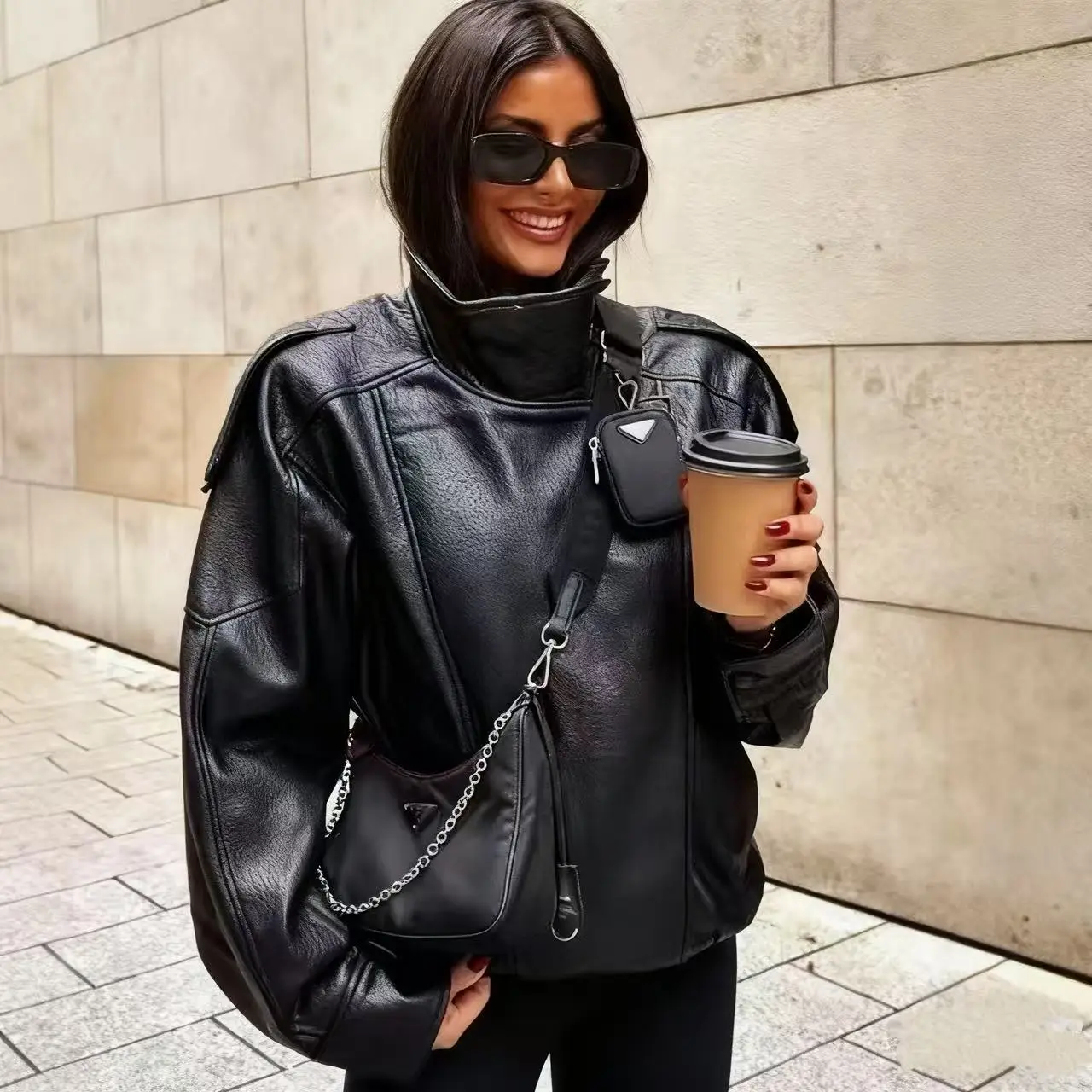 Moto Biker Jacket Ladies Faux Leather Stand Collar Zip Up Long Sleeve Soft Pocket Black Cropped Loose Warm Elegant Trendy Jacket