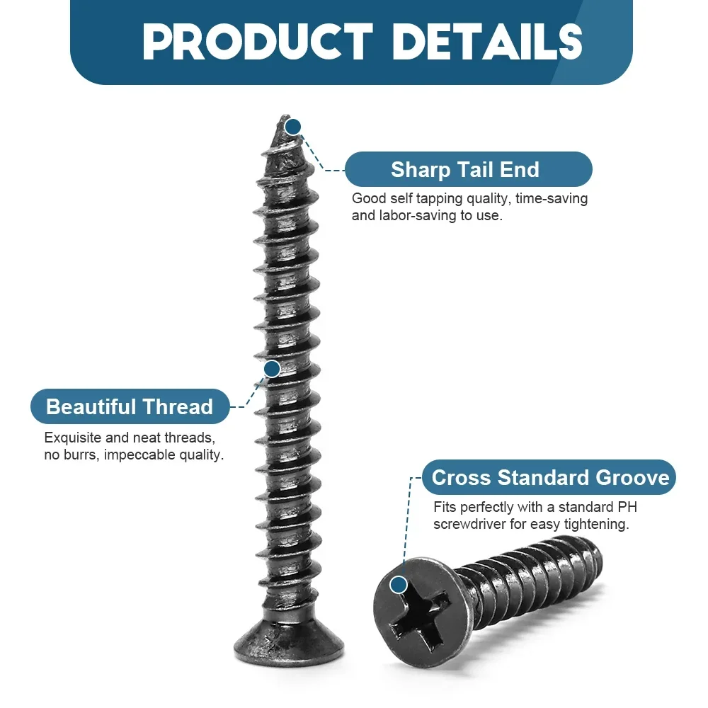 HOWSHENG 20-200pcs Cross Flat Head Self-tapping Screw M1-M2 M2.3 M2.6 M3 M3.5 M4 M5 M6 Carbon Steel Black Phillips Mini Screw