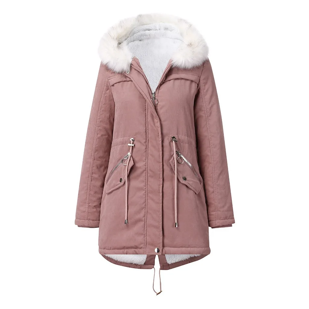 YJKDYK 2024 Winter Women\'s Jacket Female White Fur Collar Parka Mid Length Hooded Winter Warm Fleece Coat Women\'s Cotton Jacket