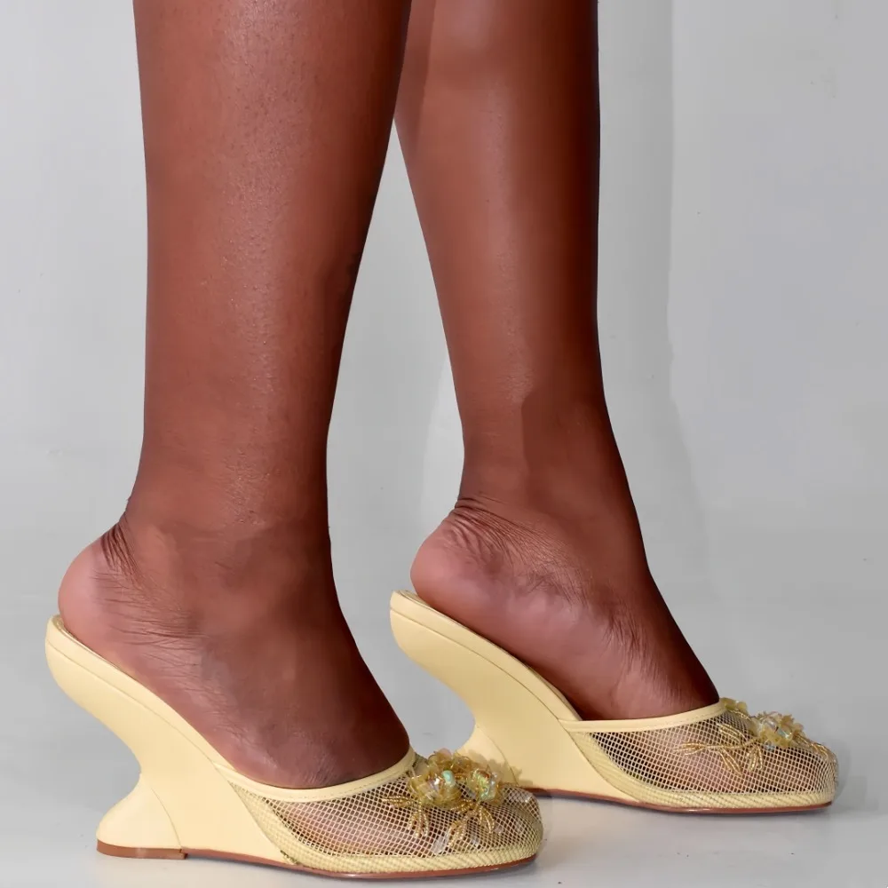 

2026 New Women Mules Sandals Mesh Hollow Out Thick Sole Wedge Heels Summer Slip on Open Toe Casual Female Slippers