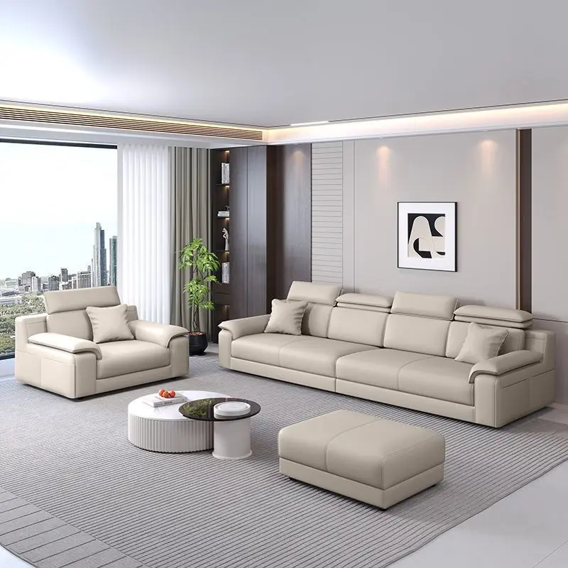 Leather sofa size apartment four people straight row latex adjustable headrest