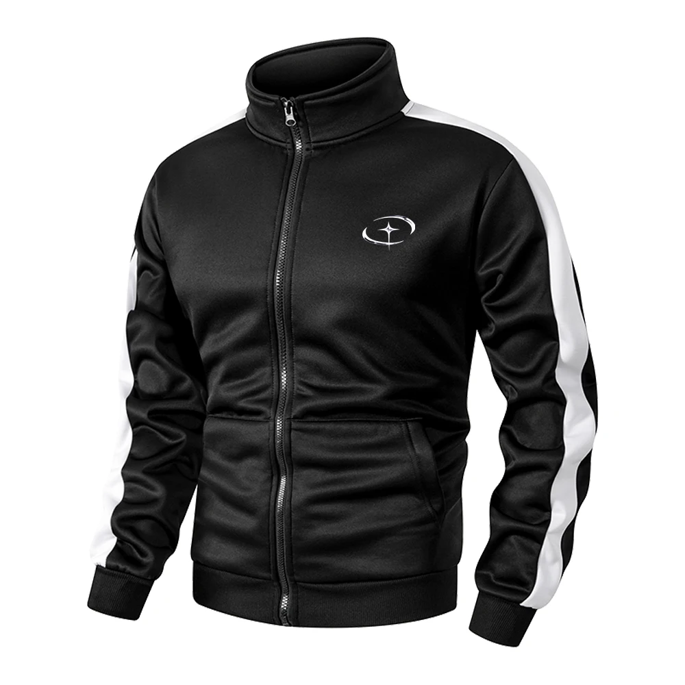 Men's Stand Collar Zip Up Jacket Stylish Star Print Multi Pocket Casual Outerwear Suitable For Daily Commute And Running