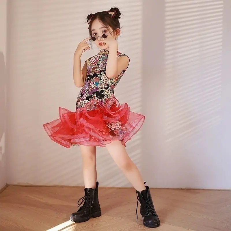 

Guochao Style Girls Cheongsam Dress Summer Model Catwalk Fashion Performance Clothes Children's Dress Trendy Clothes