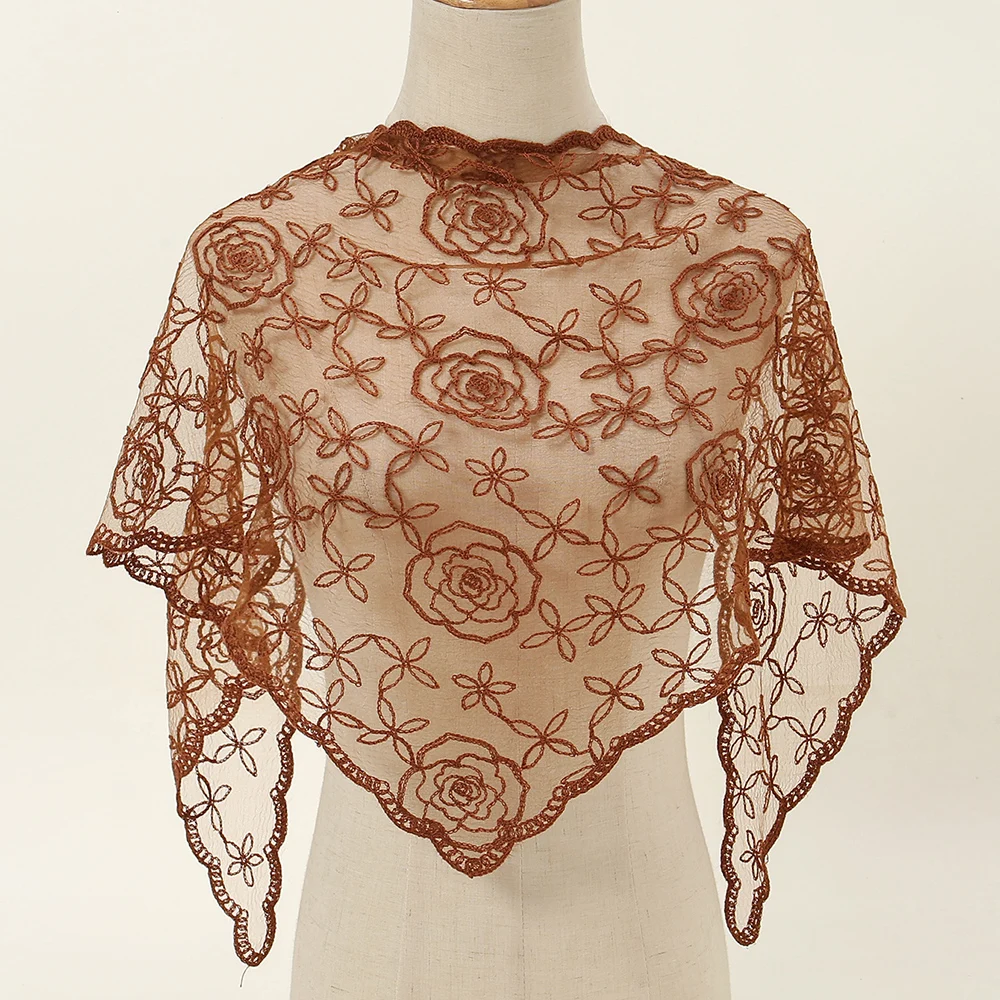 Embroidery Lace Floral Triangular Scarf Veil Woman Muslim Prayer Headscarf Elegant Headcloth Spanish Shawl 130*45cm